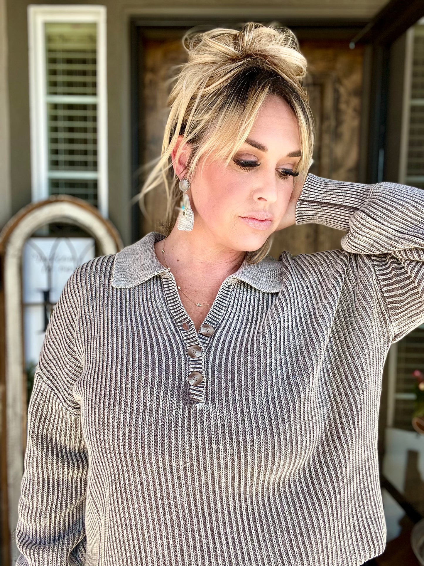 Washed collared henley shirts sweater