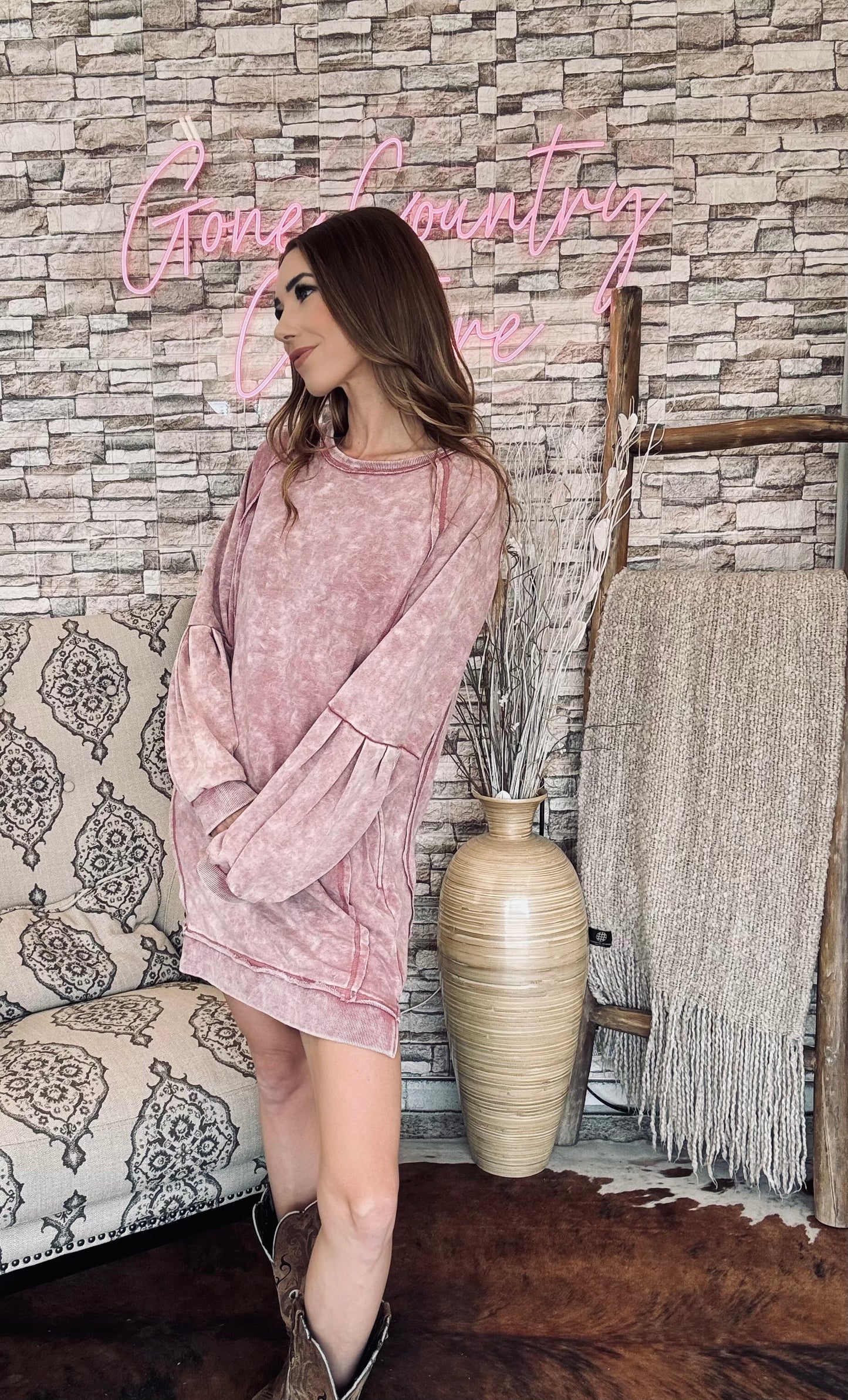 Mineral Washed Raglan Sleeve Casual Mini Dress