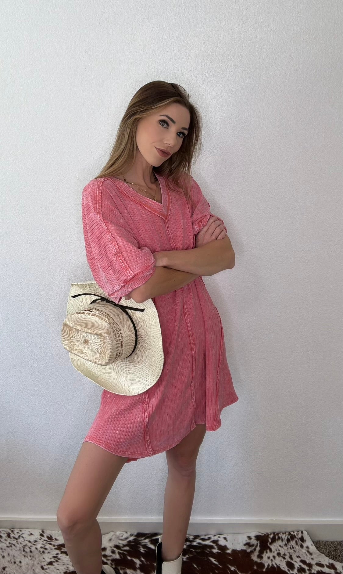 Mineral Washed Ribbed Knit Shift Mini Dress