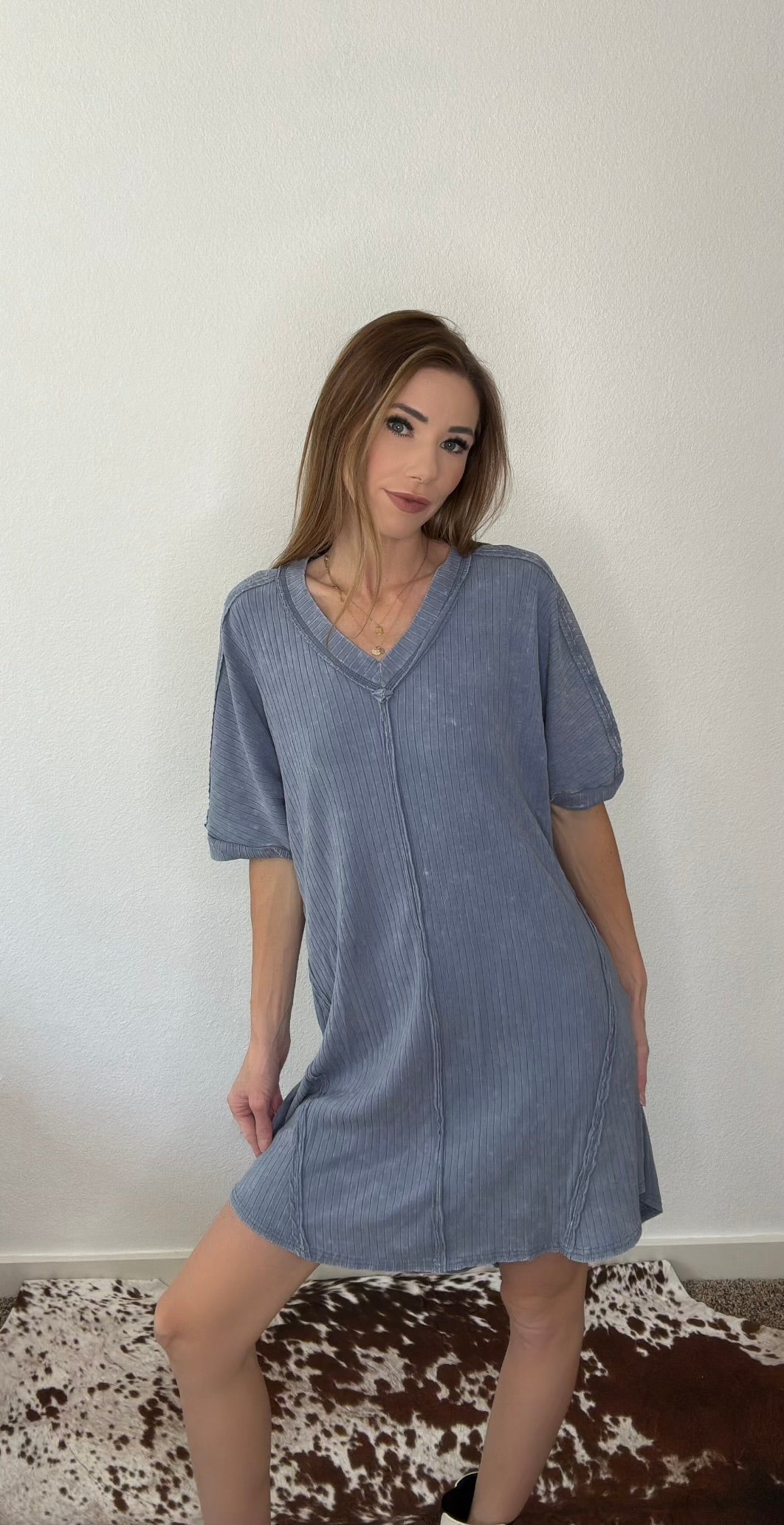 Mineral Washed Ribbed Knit Shift Mini Dress