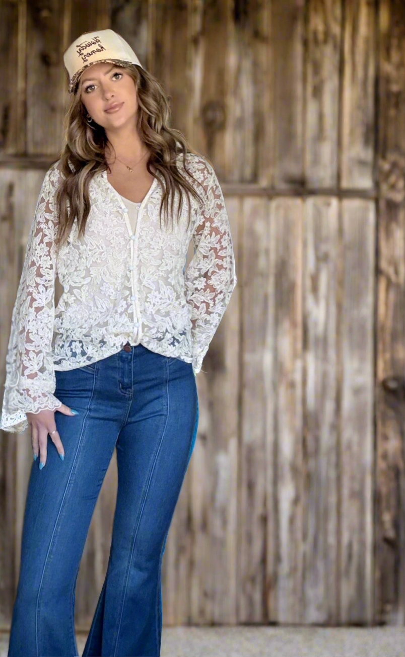 Boho Beige Lace Floral Sheer Blouse