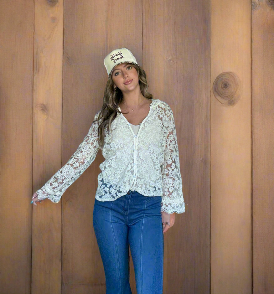 Boho Beige Lace Floral Sheer Blouse