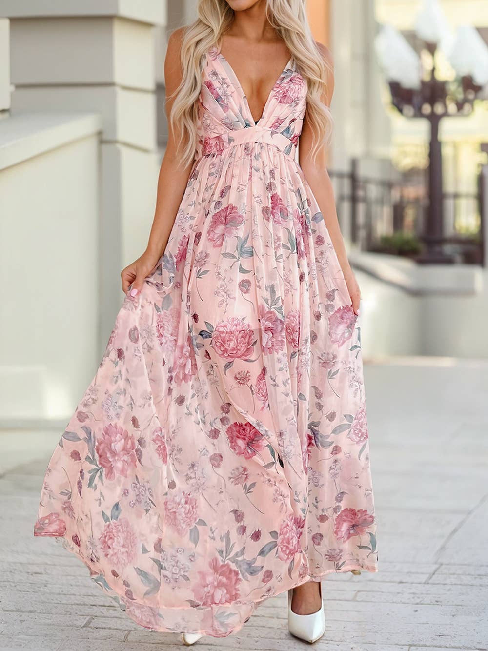 Floral Pleated Bust Deep V Empire Waist Backless Maxi Dress
