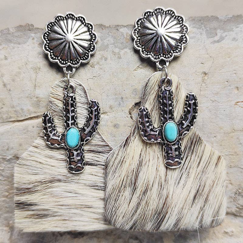 Western Animal Print Leather Cactus Turquoise Earrings