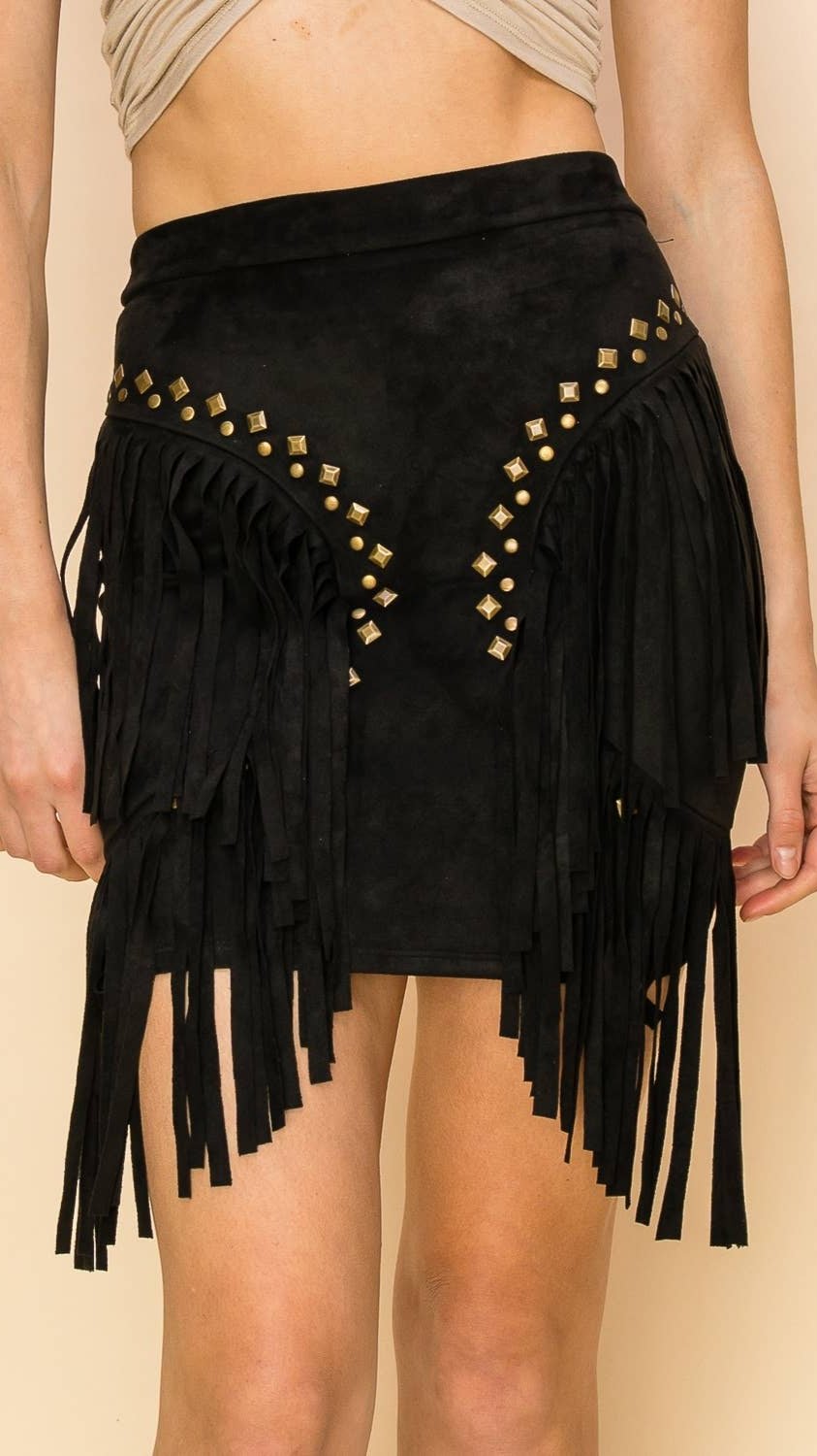 Studded Suede Fringe Mini Skirt