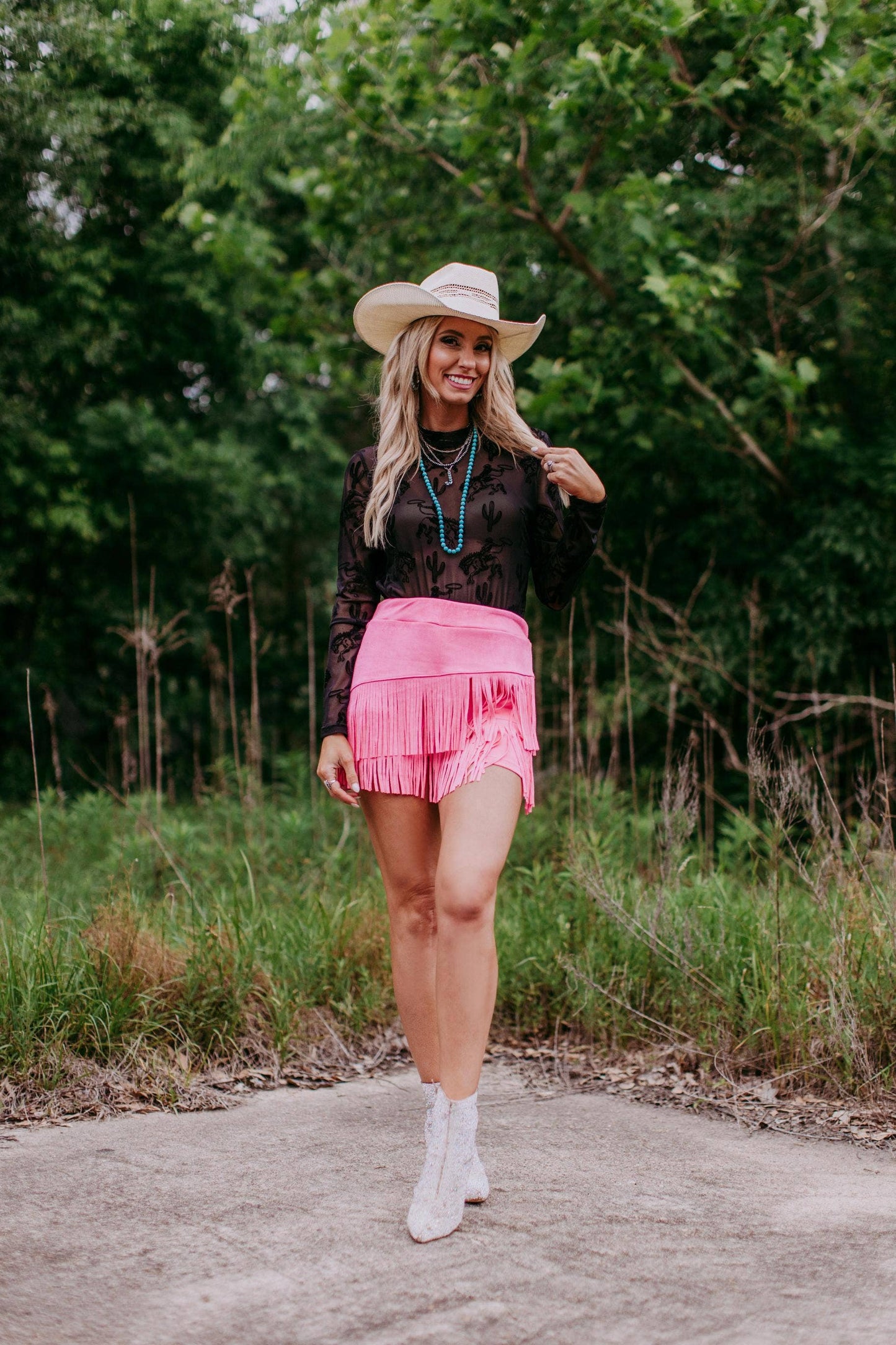 Cowboy Rides away Velvet Mesh Top