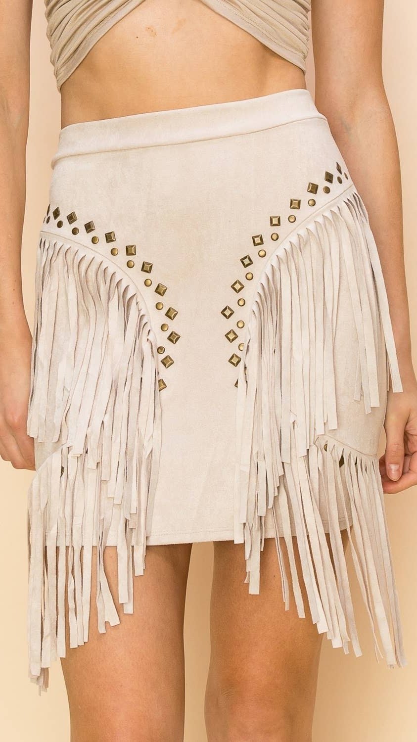 Studded Suede Fringe Mini Skirt