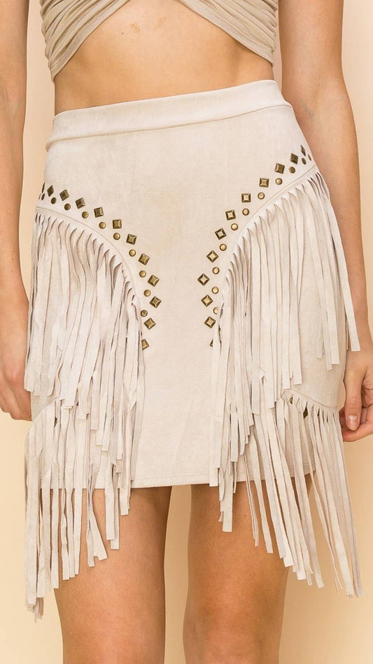 Studded Suede Fringe Mini Skirt