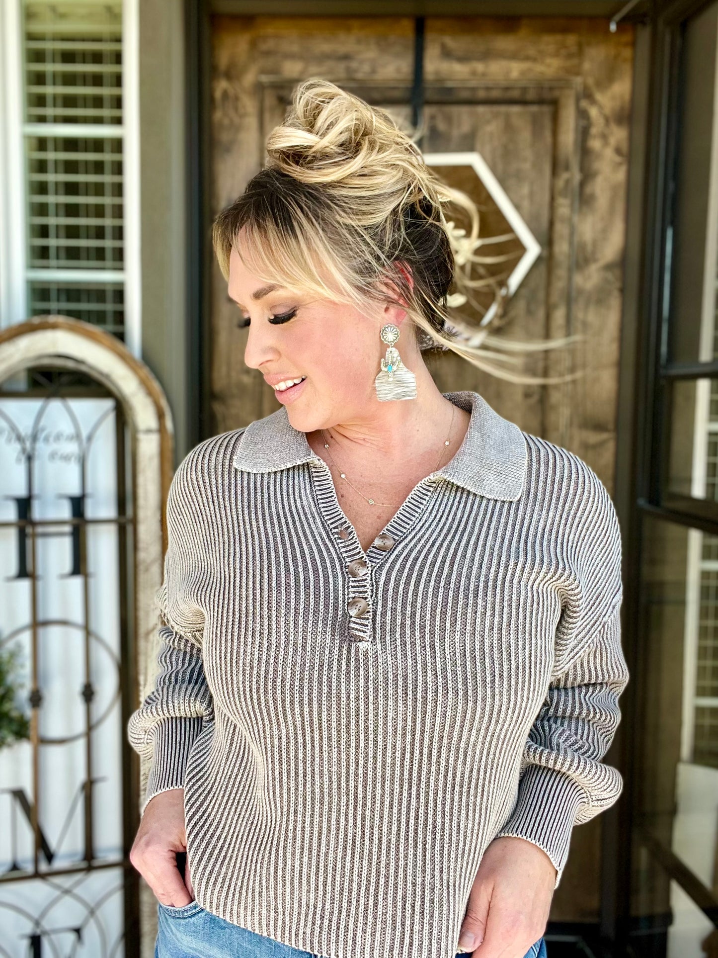 Washed collared henley shirts sweater