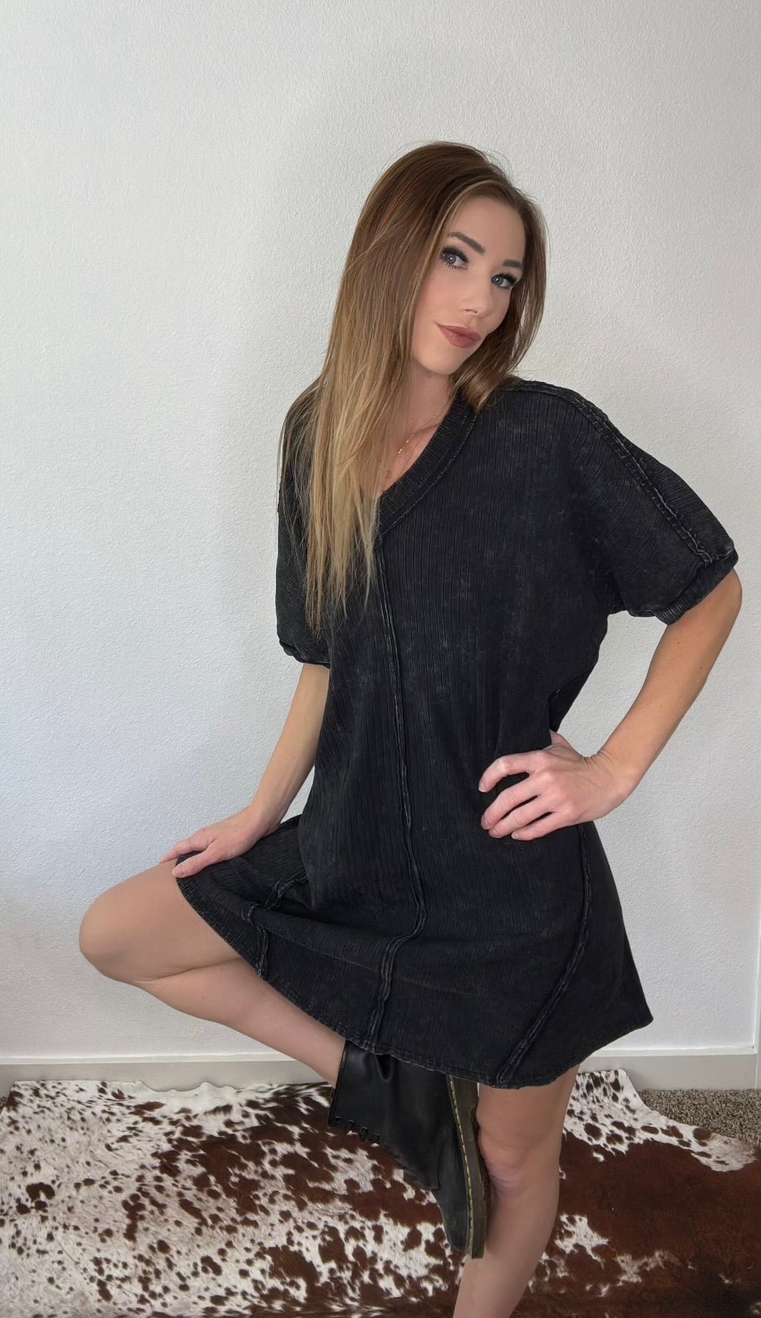 Mineral Washed Ribbed Knit Shift Mini Dress