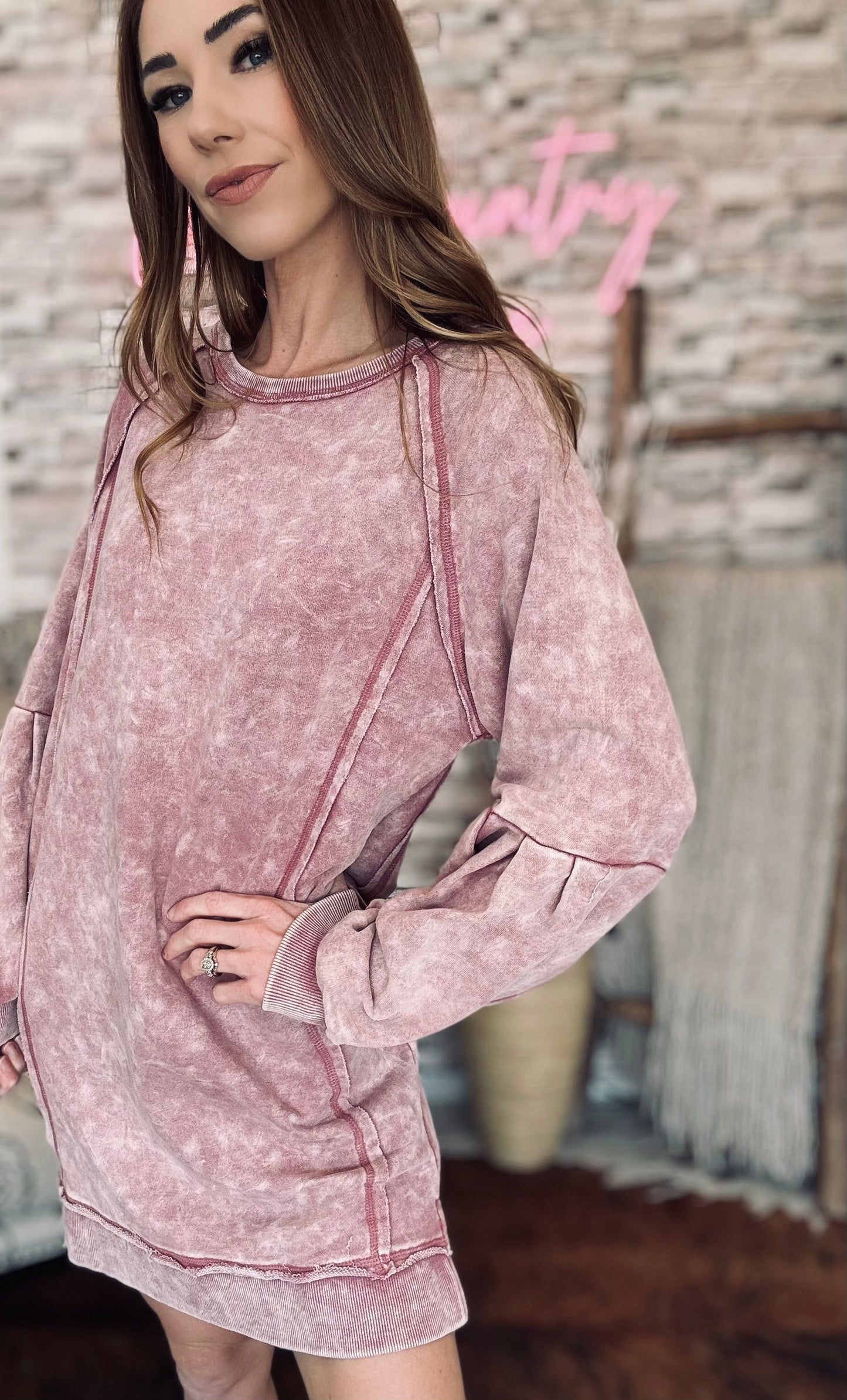 Mineral Washed Raglan Sleeve Casual Mini Dress