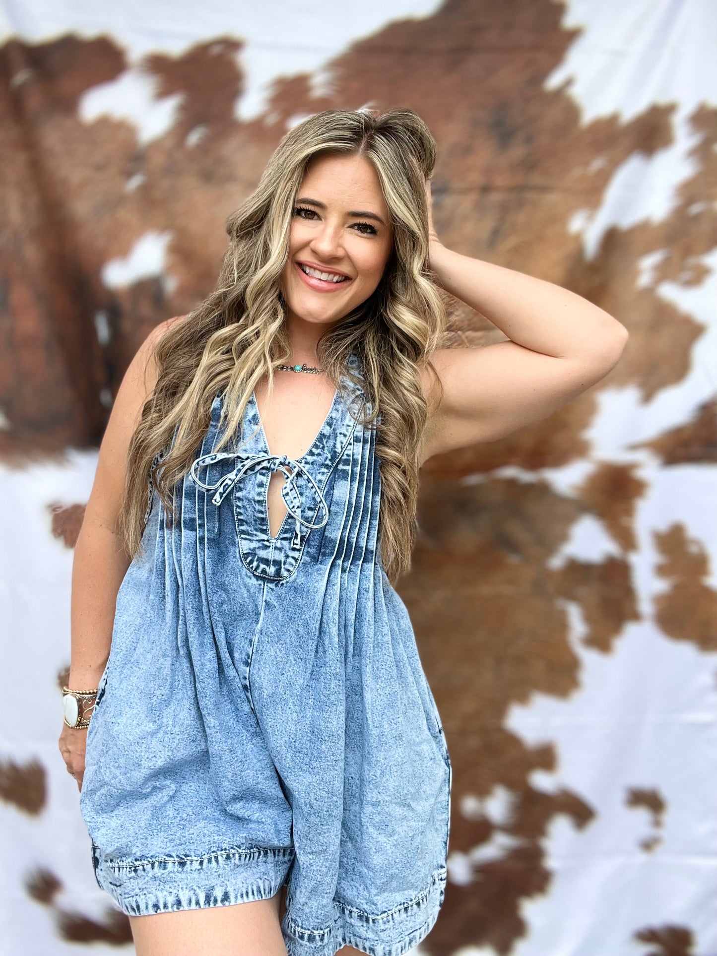 Ashley Denim Pleated V Sleeveless Denim Romper