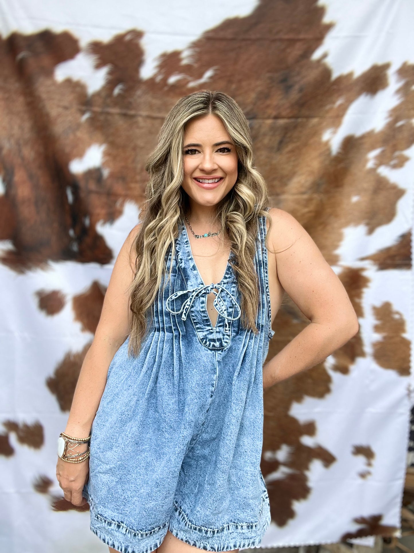 Ashley Denim Pleated V Sleeveless Denim Romper