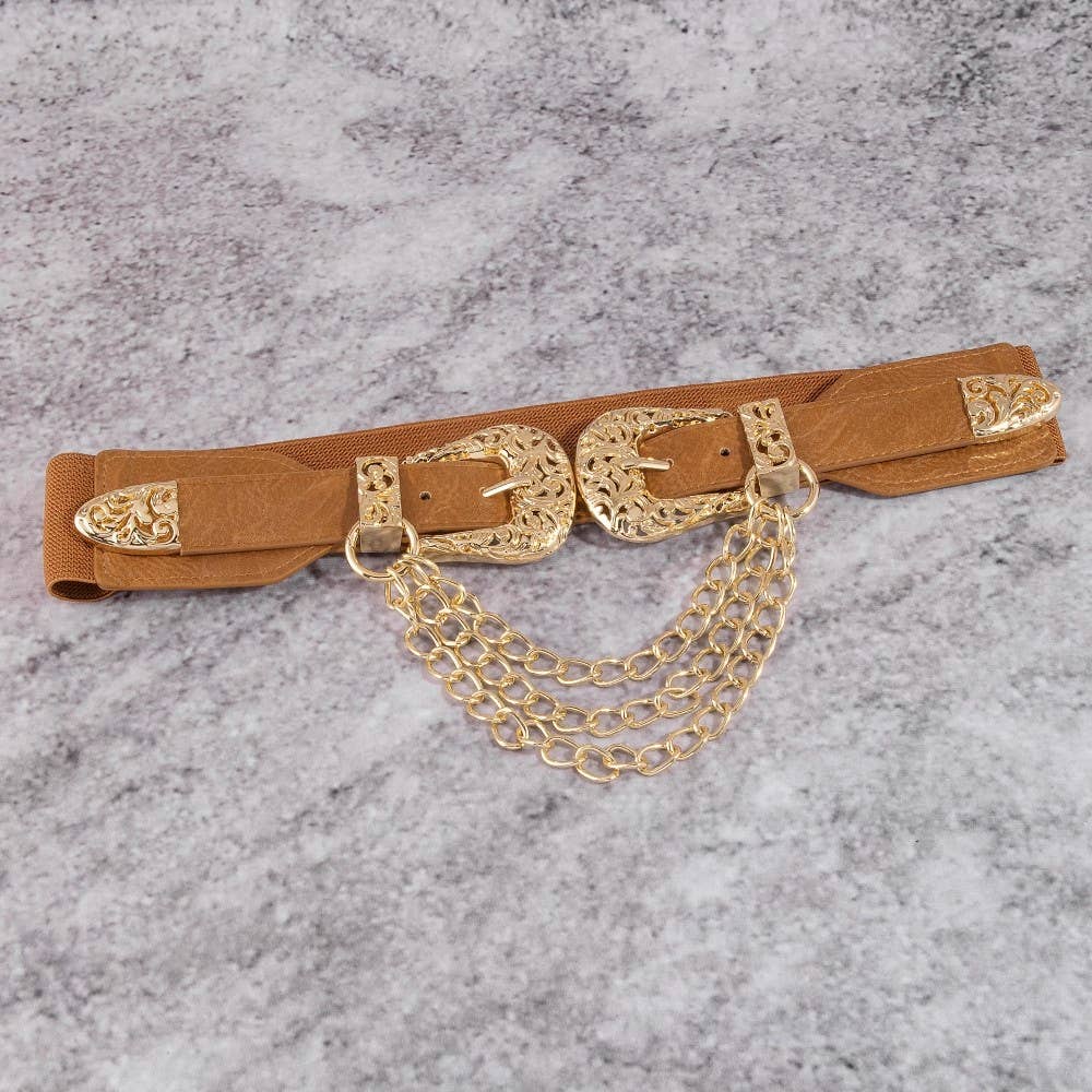 Gold Double Buckle Chain Detail Vegan Leather Belt