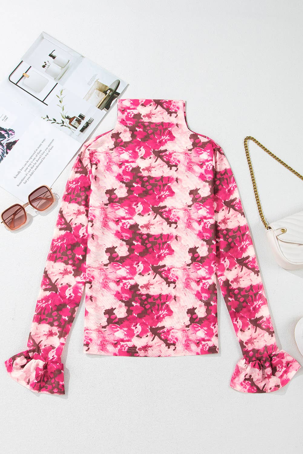Stephanie Floral Hot Pink Mesh Mock Neck Blouse