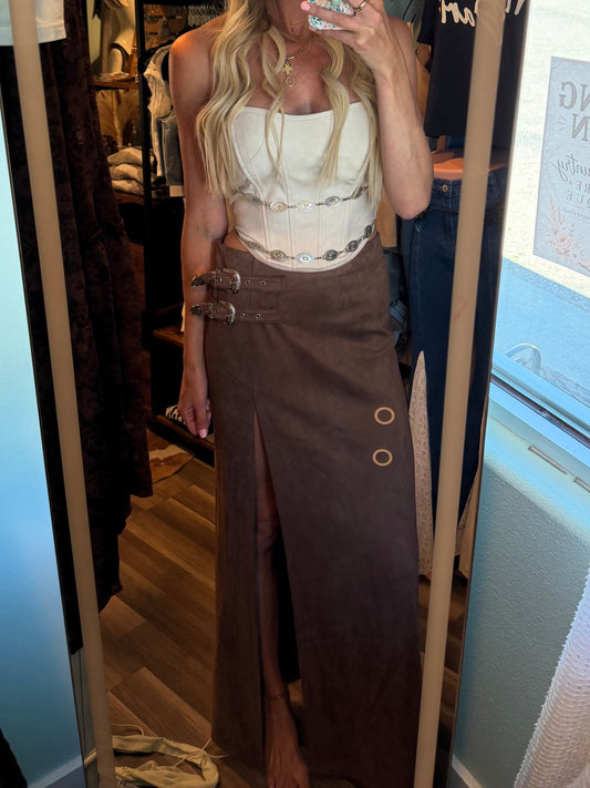 Western Faux Suede Maxi Skirt with High Slit