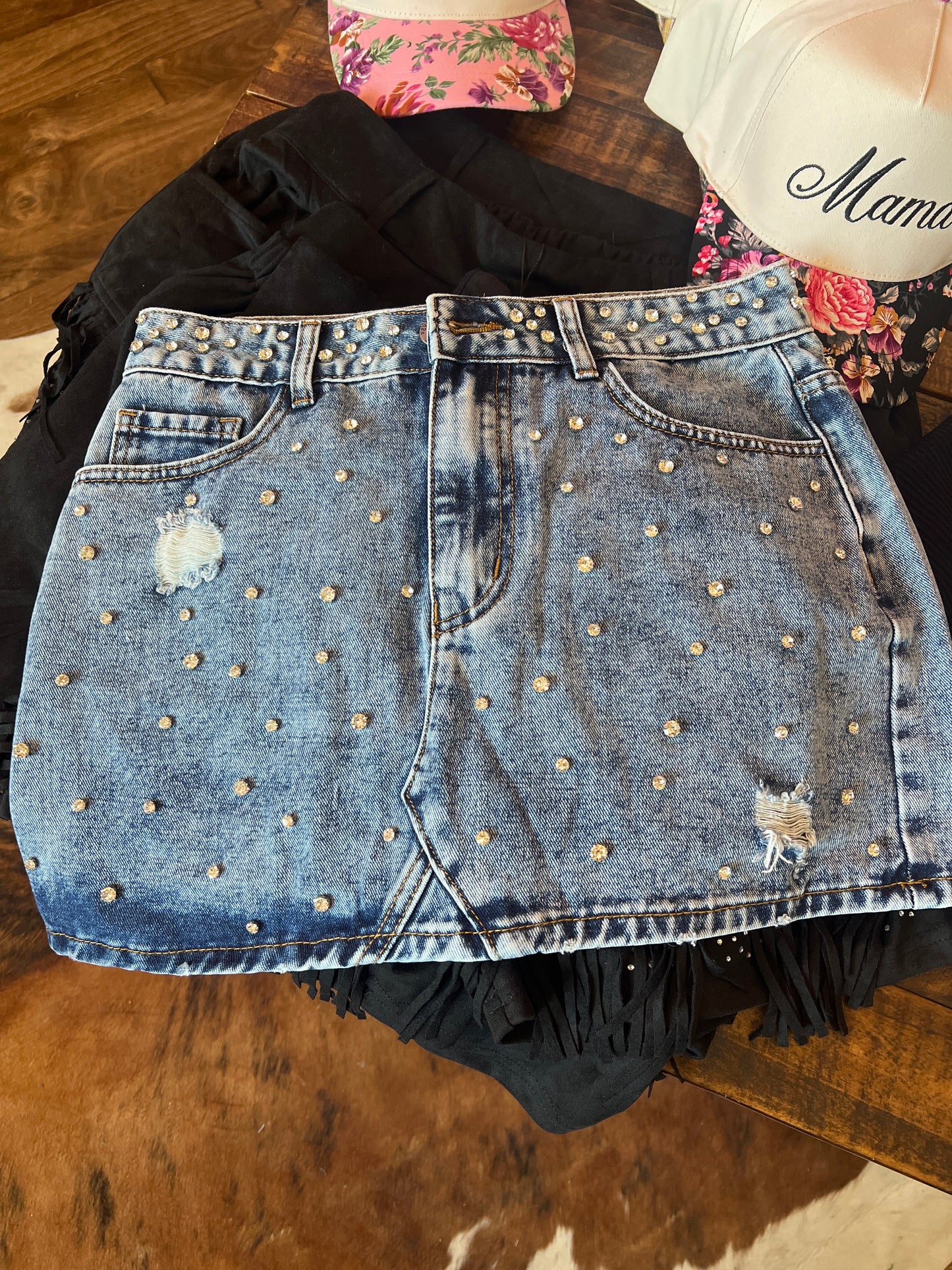 Denim and Rhinestone Mini Skirt