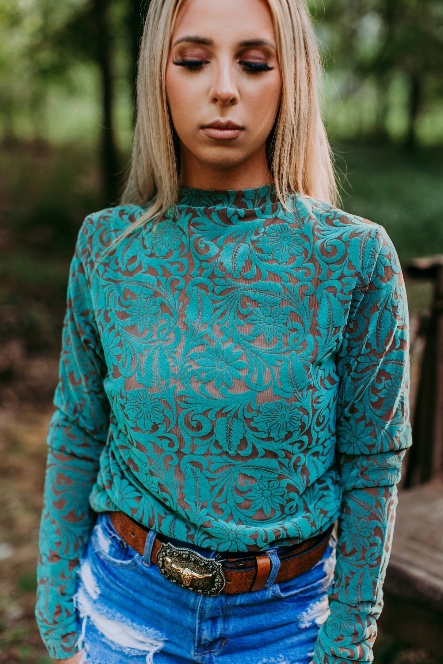 Tooled Leather Turquoise Mesh Top