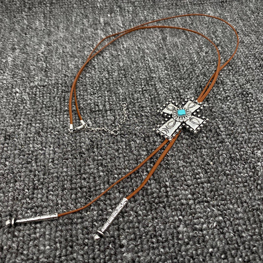 Turquoise Cross Charm Leather Rope Lariat Necklace