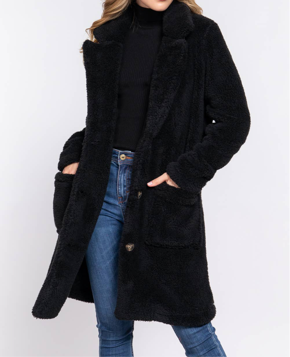 Long Sleeve Notched Collar Patch Pocket Sherpa Coat