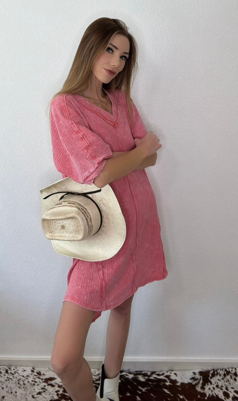 Mineral Washed Ribbed Knit Shift Mini Dress