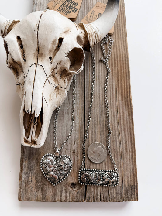 Western Style Engraved Heart | Bar Necklace