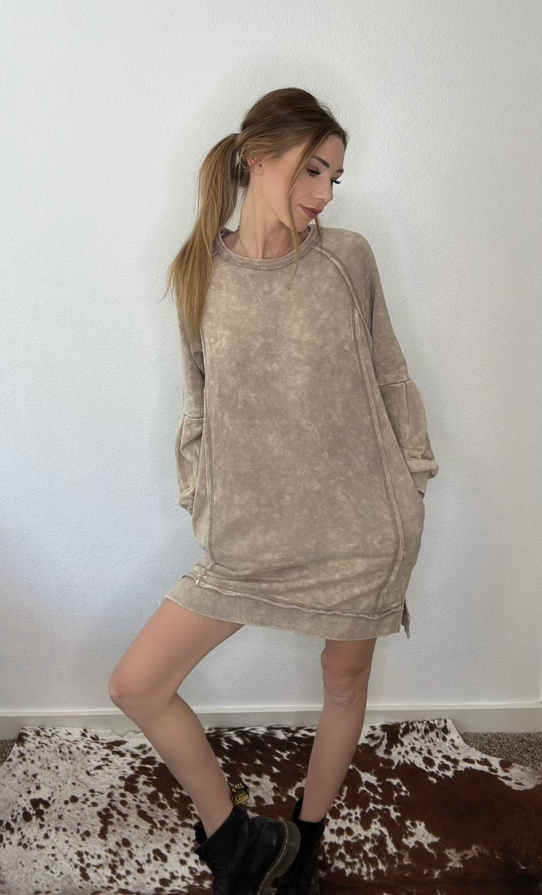 Mineral Washed Raglan Sleeve Casual Mini Dress