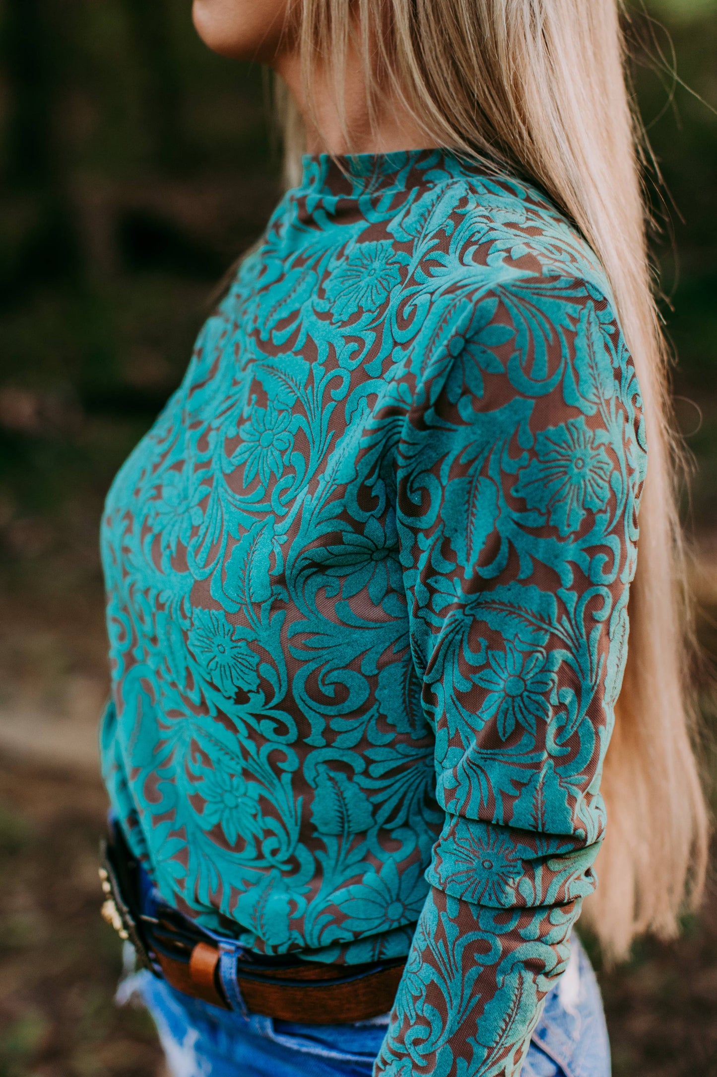 Tooled Leather Turquoise Mesh Top