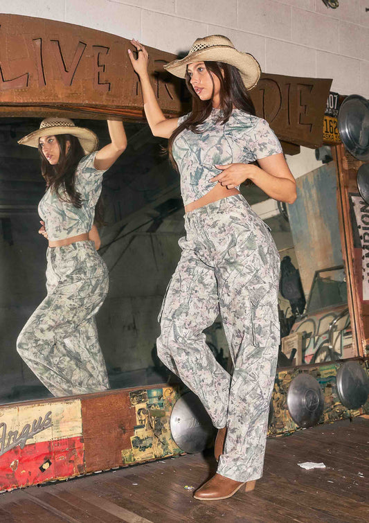 Rhinestone Camo Print Baggy Barrel Jeans