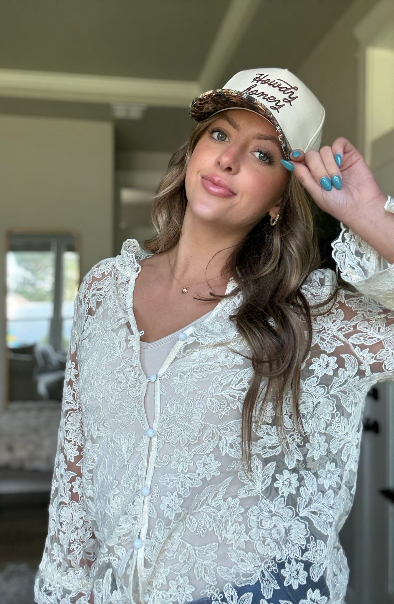 Boho Beige Lace Floral Sheer Blouse