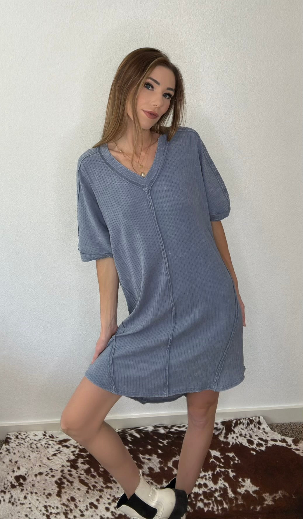 Mineral Washed Ribbed Knit Shift Mini Dress