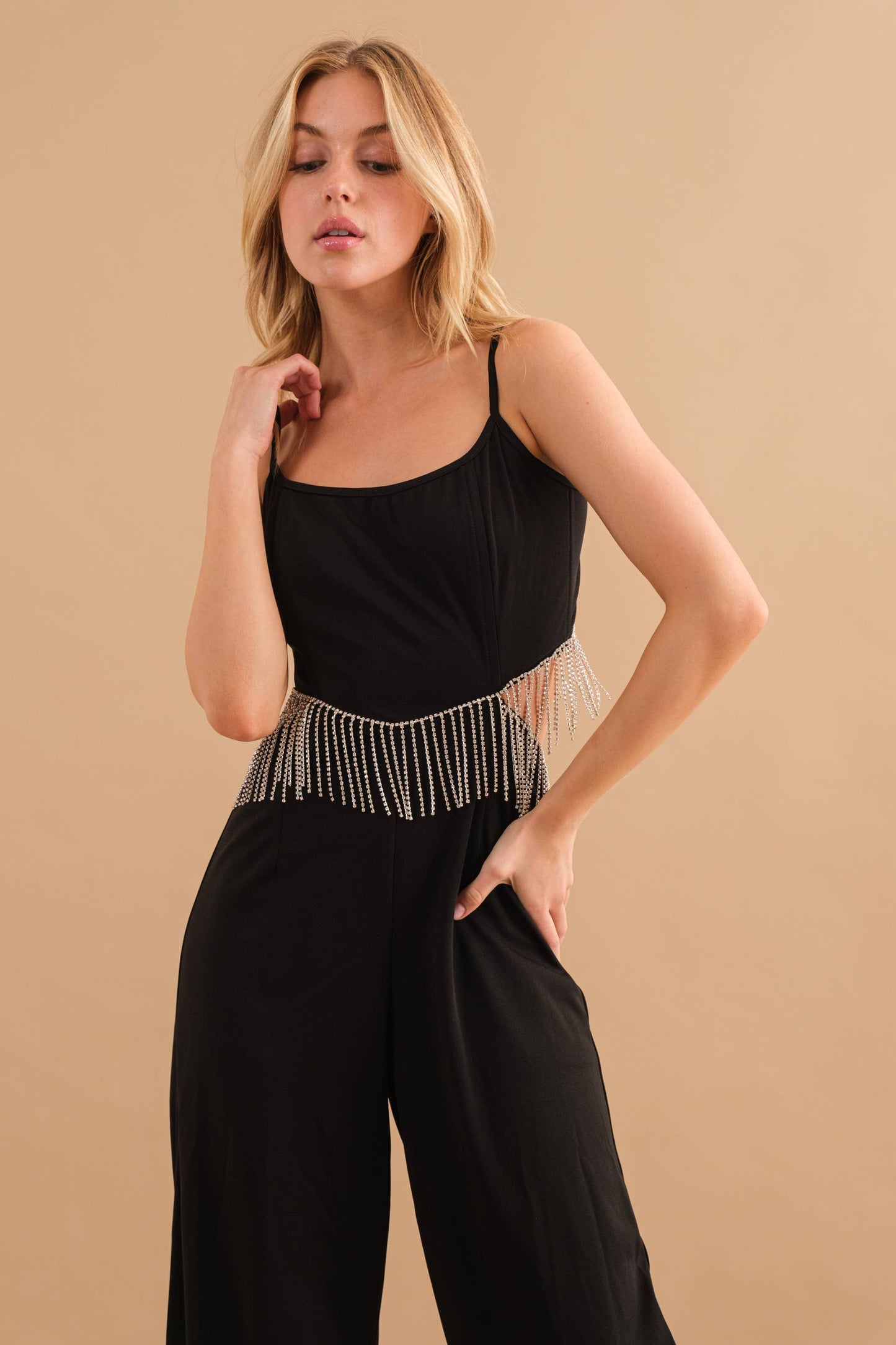 Rhinestone Fringe Cut Out Side Open Back Jumpsuit