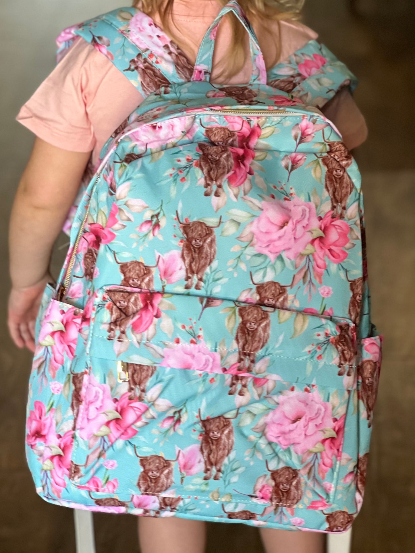 Highland Cow Flowers Little Girl Backpack
