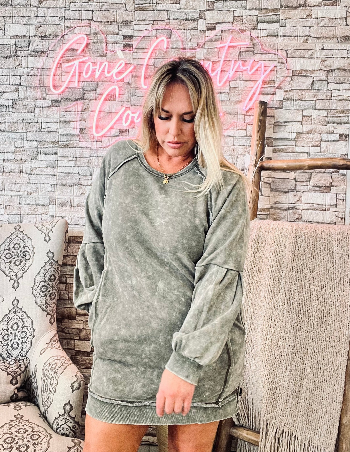 Mineral Washed Raglan Sleeve Casual Mini Dress