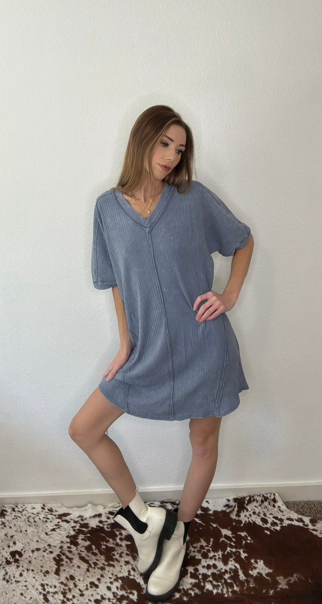 Mineral Washed Ribbed Knit Shift Mini Dress