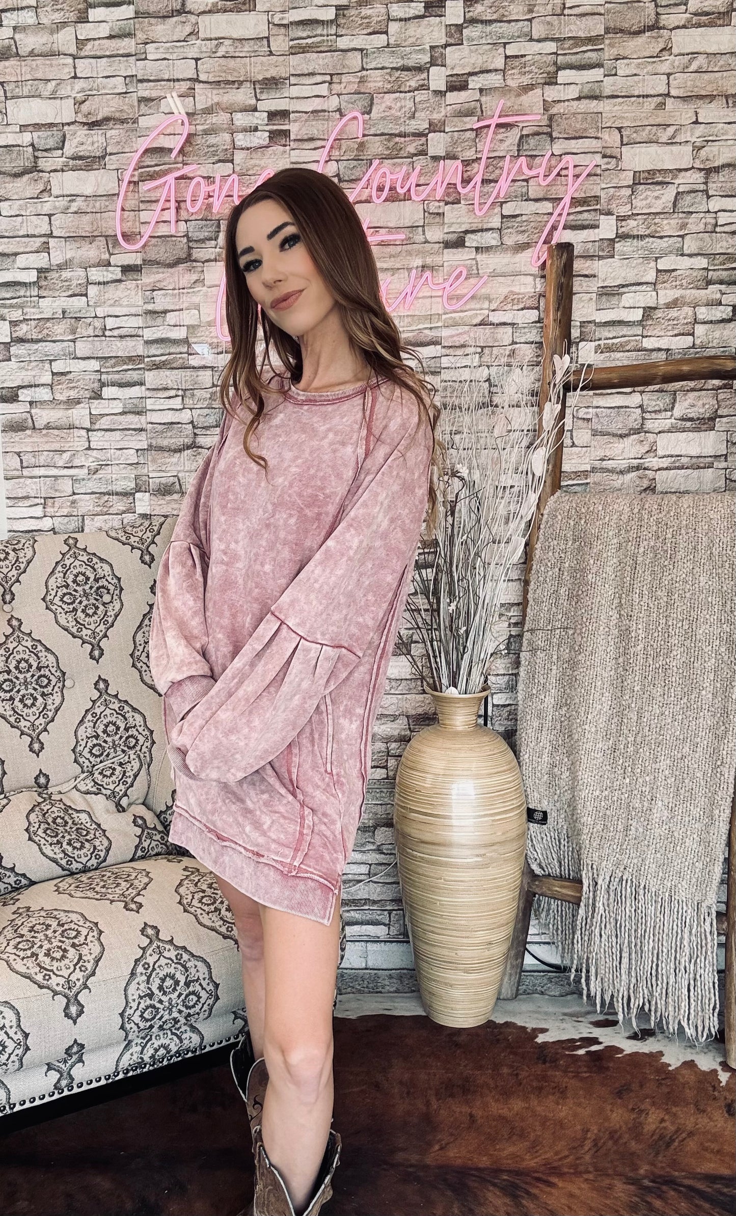 Mineral Washed Raglan Sleeve Casual Mini Dress