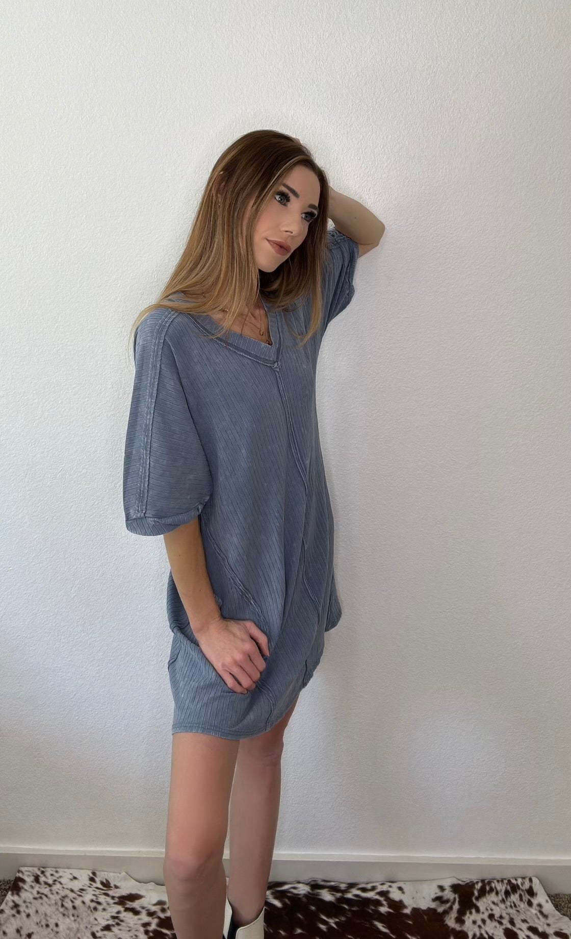 Mineral Washed Ribbed Knit Shift Mini Dress