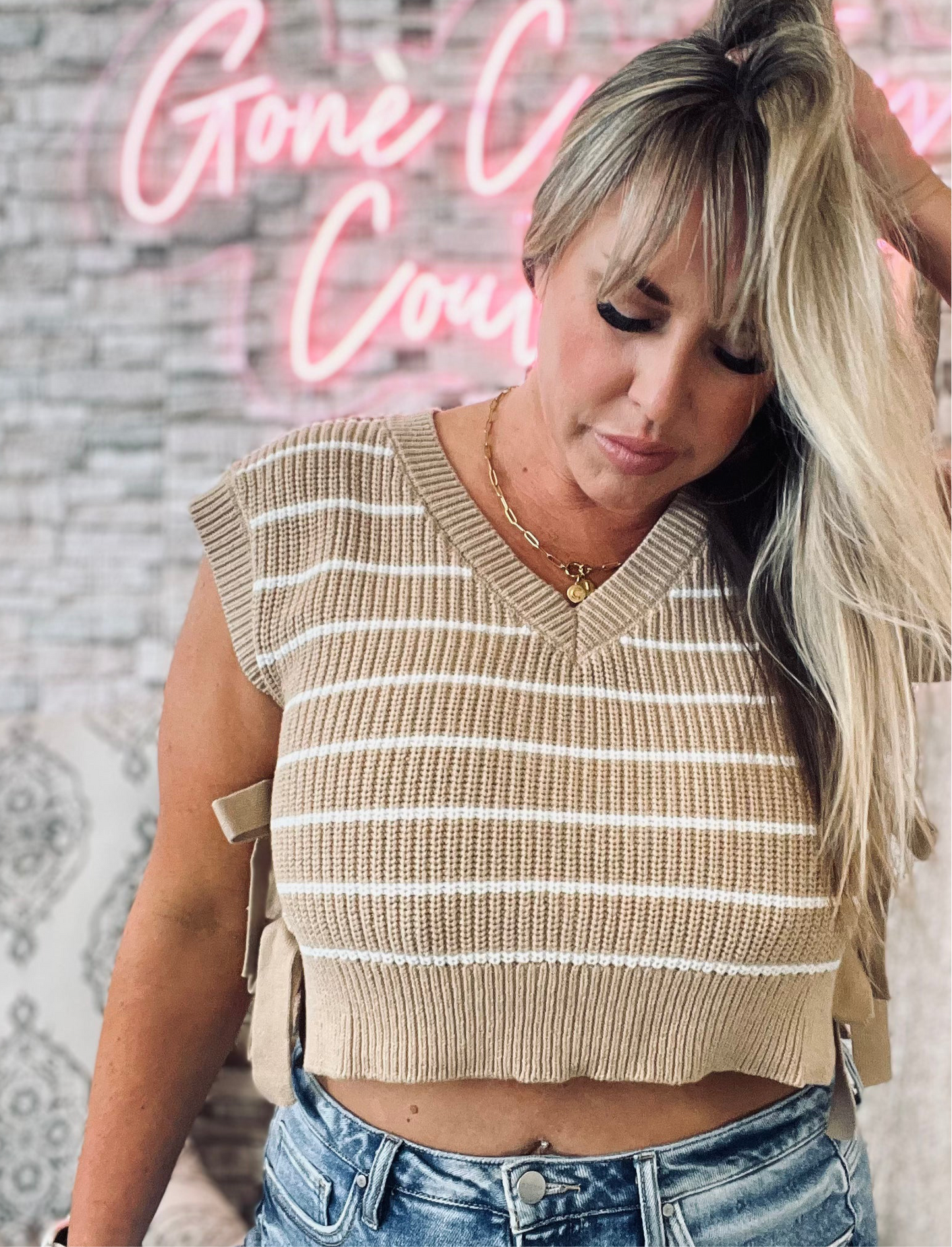 Emmy Striped V Neck Double Side Tie Sweater Vest
