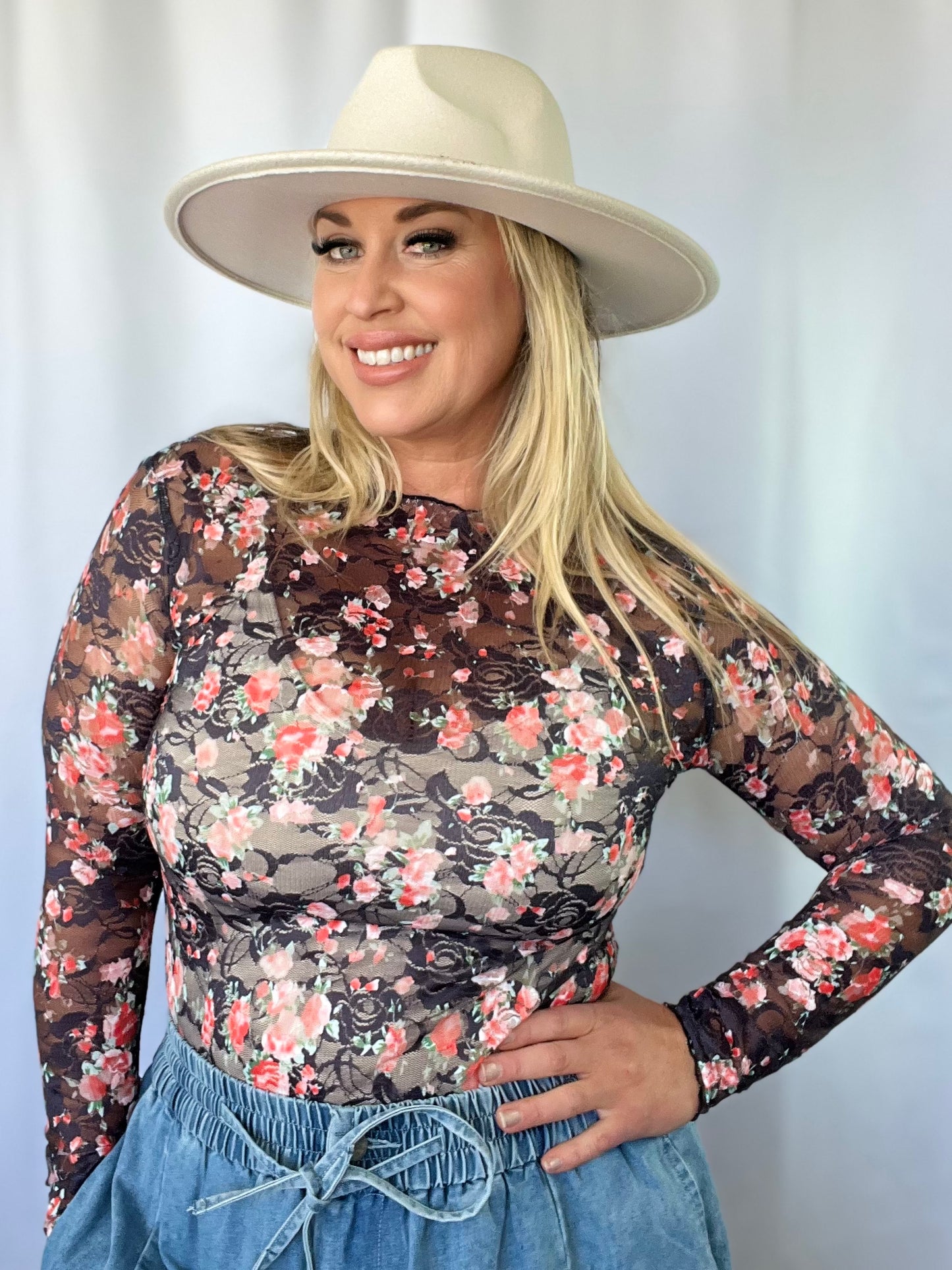 Stephanie Black Floral Mesh Long Sleeve Top