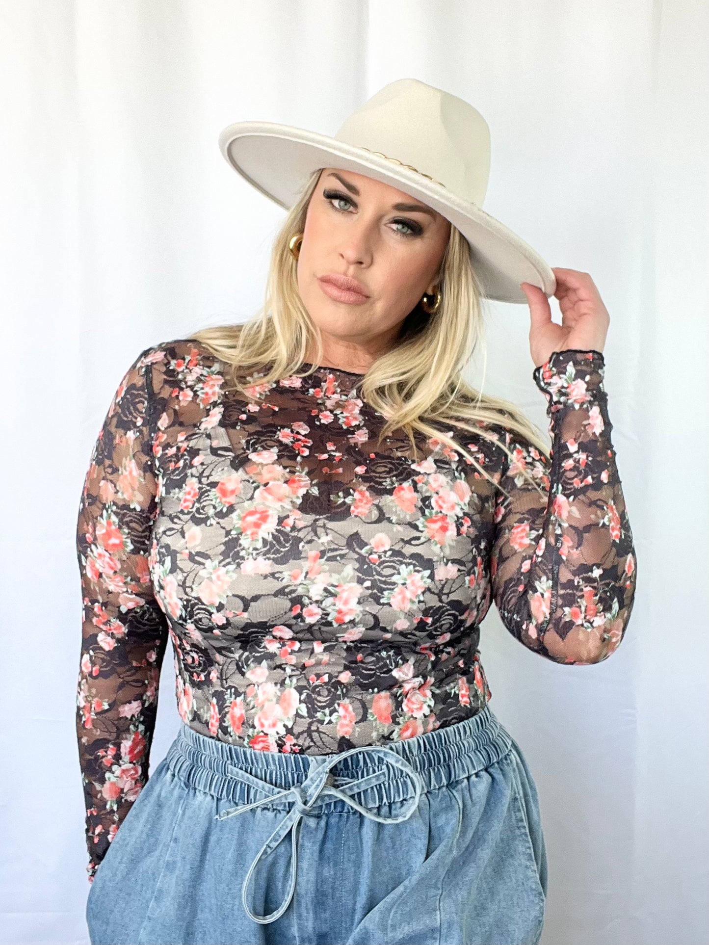Stephanie Black Floral Mesh Long Sleeve Top