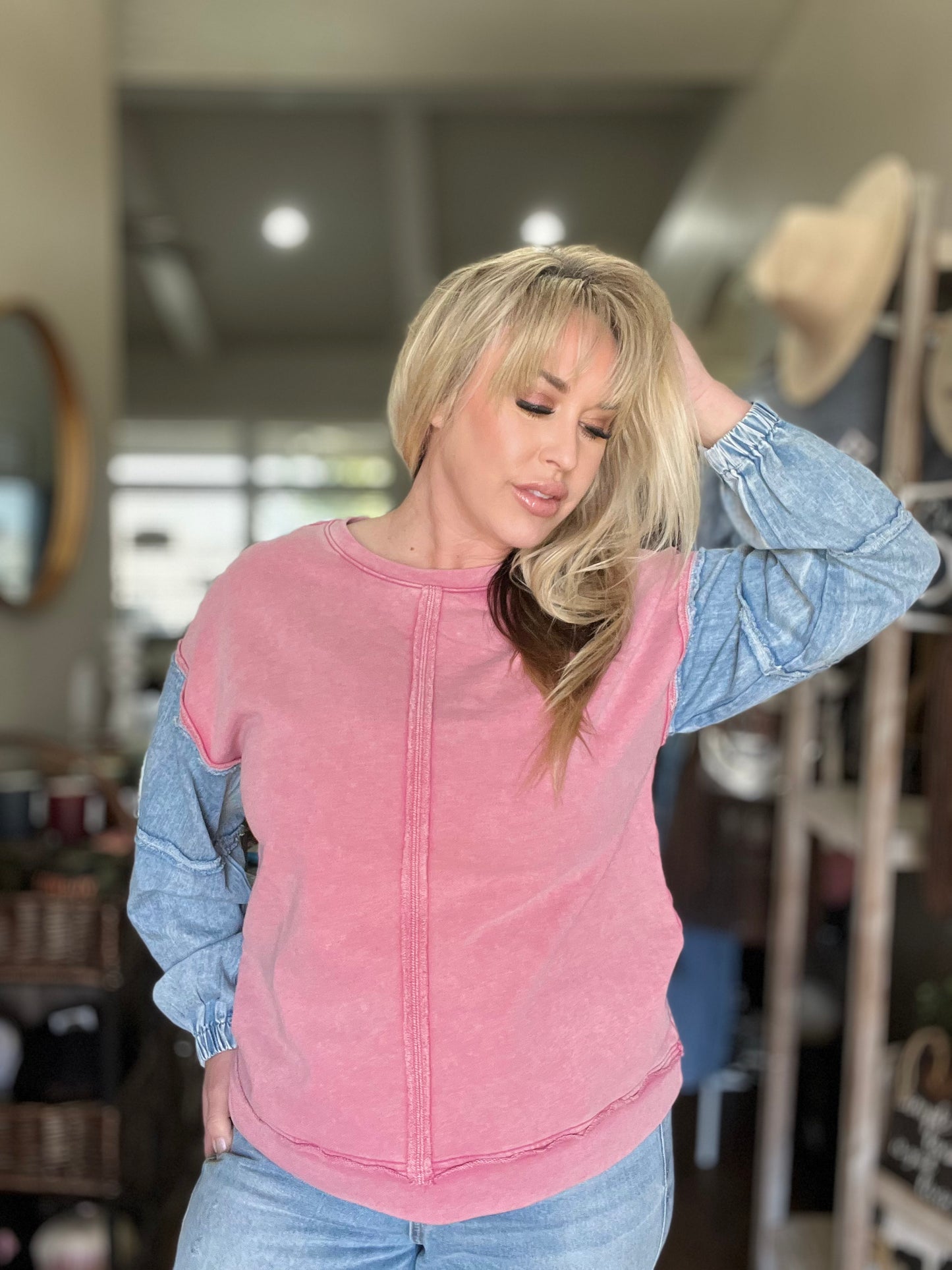 Acid washed Denim Sleeve Top