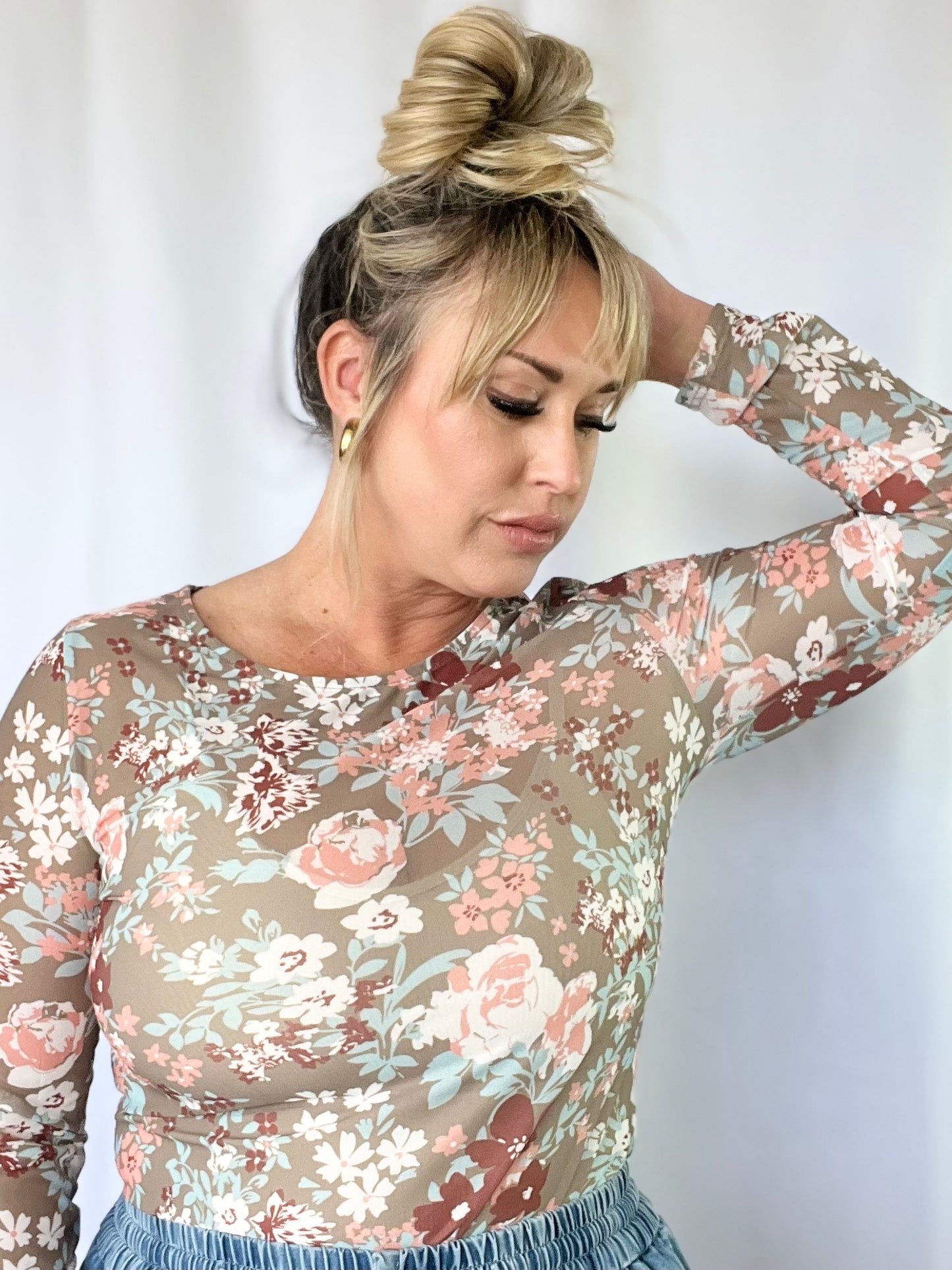 Stephanie Green Floral Mesh Long Sleeve Top