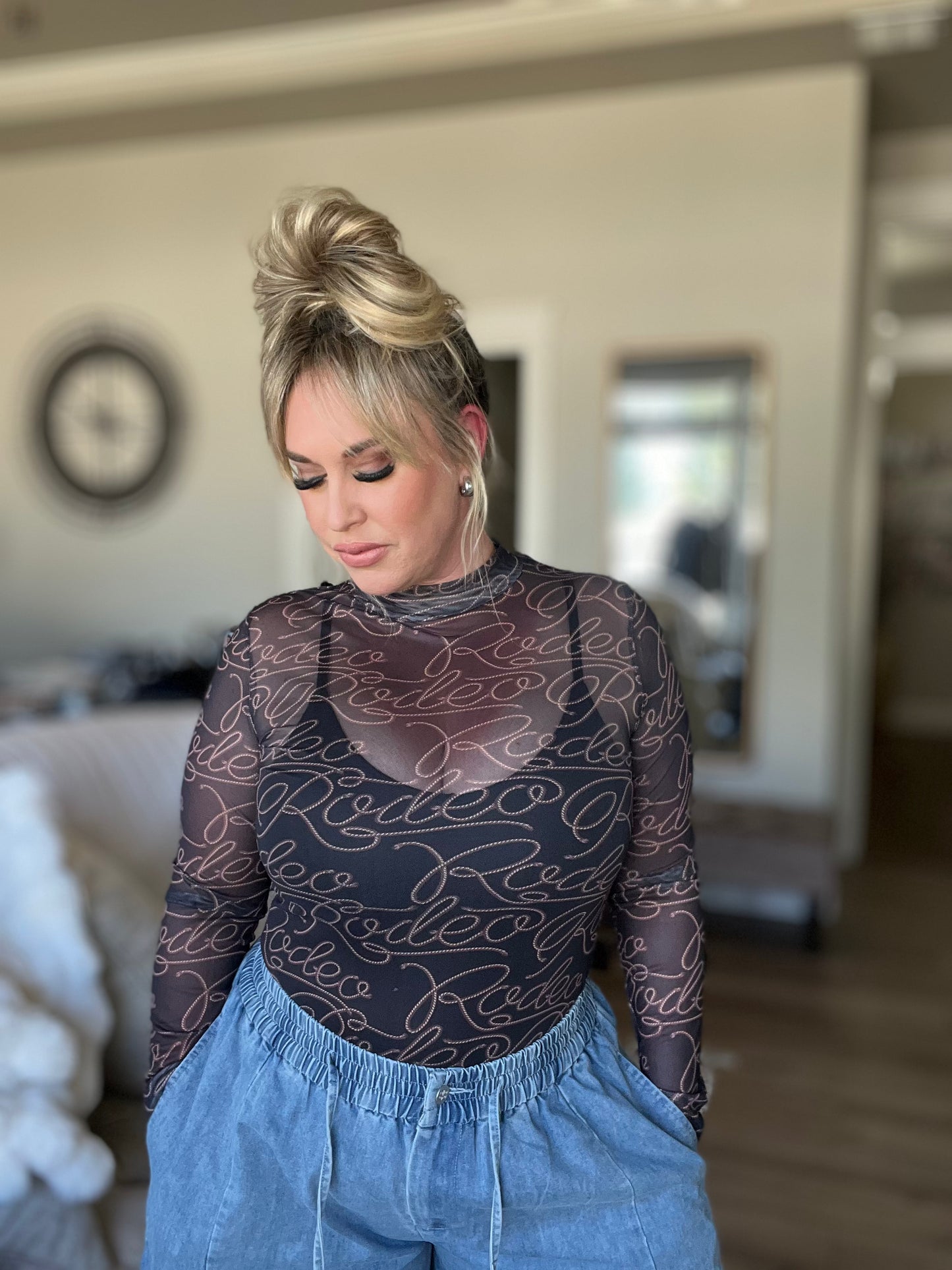 Western Rodeo Long Sleeve Mesh Top