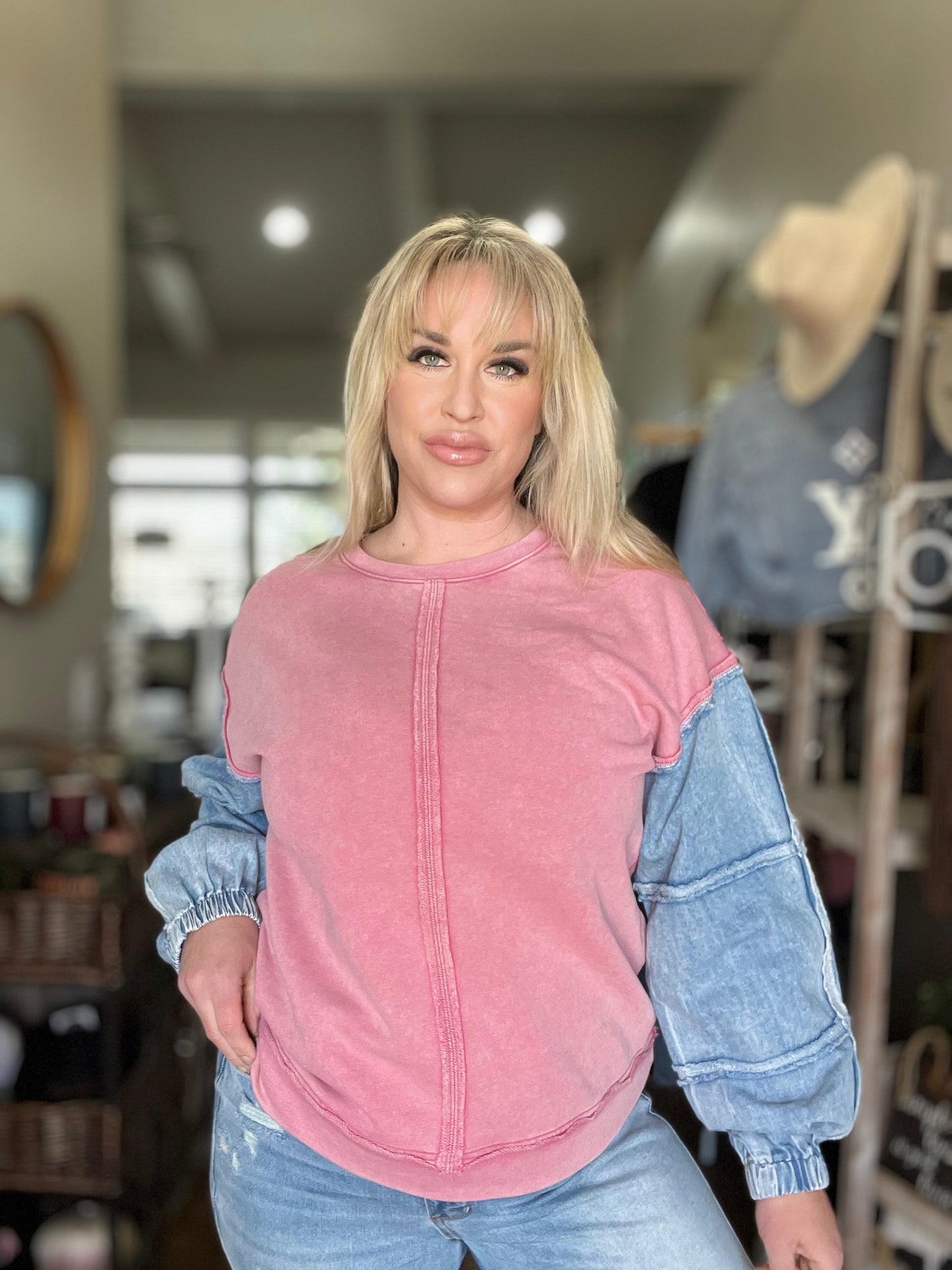 Acid washed Denim Sleeve Top