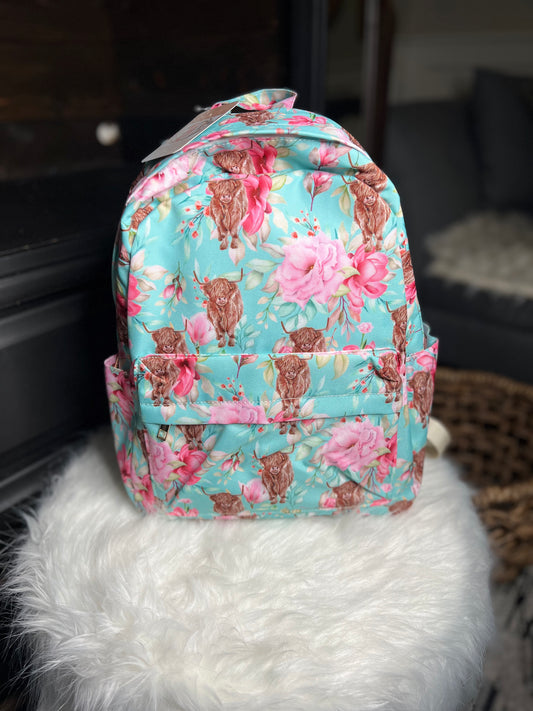 Highland Cow Flowers Little Girl Backpack