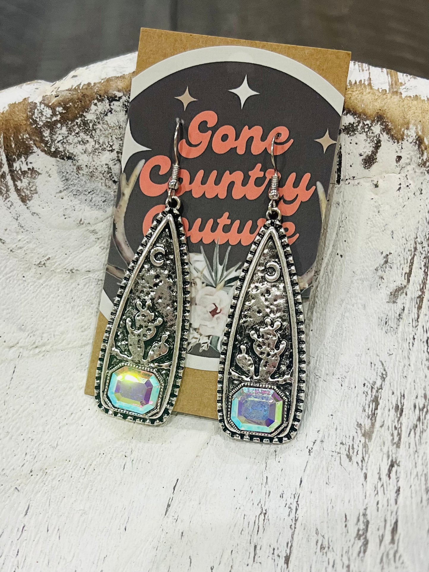 Western Cactus Glass Rhinestone Metal Earrings
