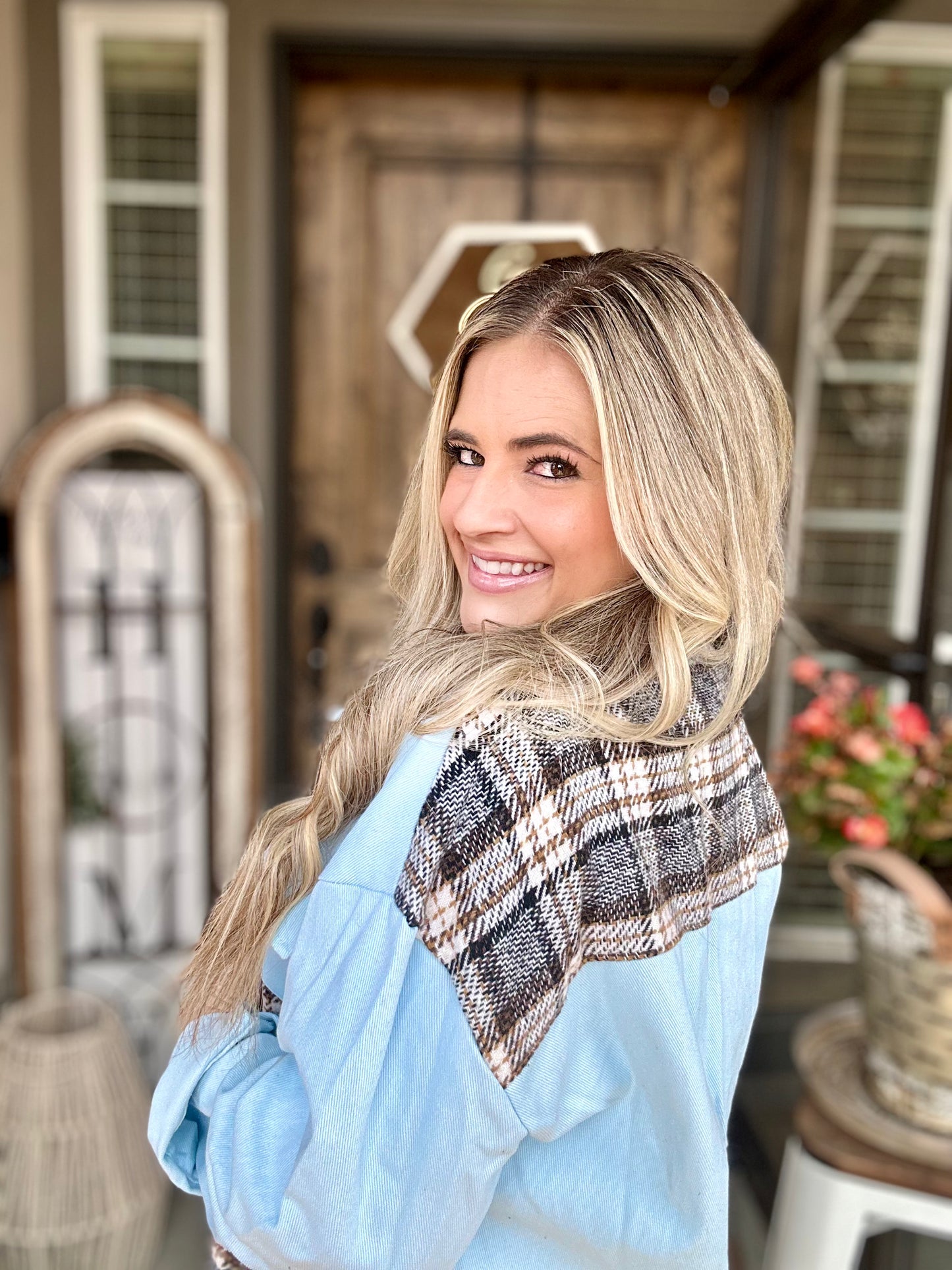 Light Blue Sleeve Plaid Color Block Jacket