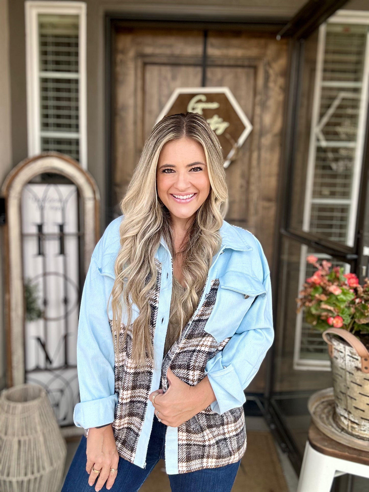 Light Blue Sleeve Plaid Color Block Jacket