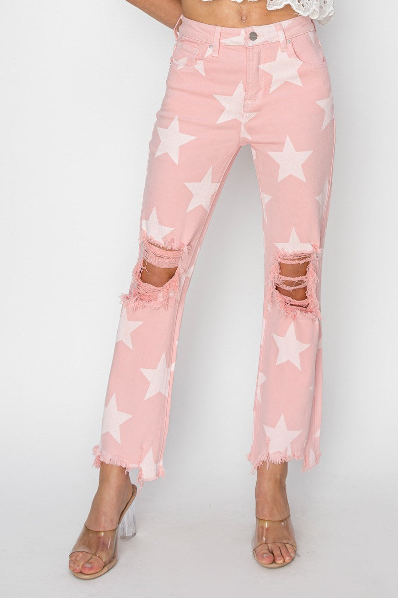 HIGH RISE STAR PRINTED STRAIGHT PANTS