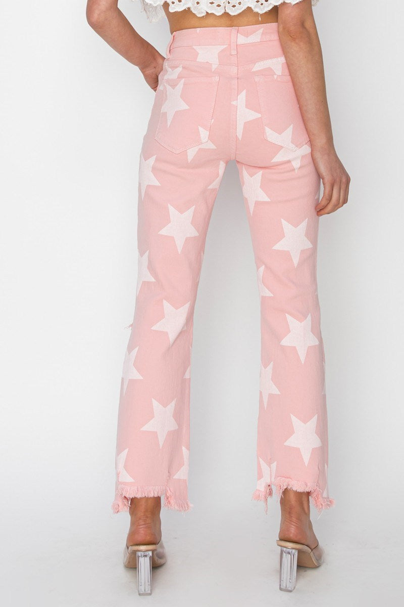 HIGH RISE STAR PRINTED STRAIGHT PANTS
